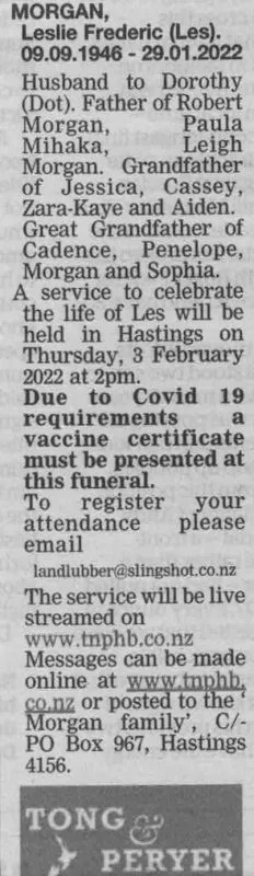 Morgan, Leslie Frederic (Les) Death Notice 2022 (Hawke's Bay Today)