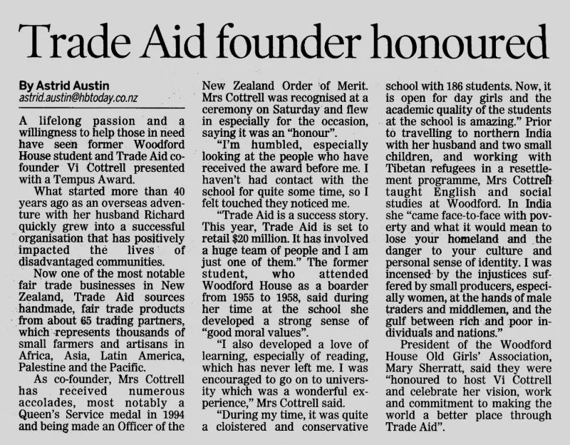 Newspaper Article 2017 – Trade Aid founder honoured (Hawke's Bay Today)
