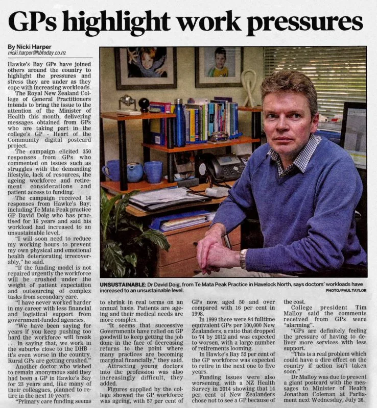 Newspaper Article 2017 – GPs highlight work pressures (Hawke's Bay Today)