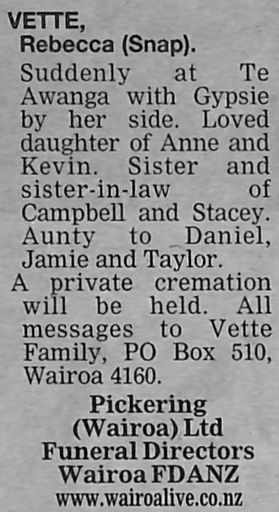 Vette, Rebecca (Snap) Death Notice 2017 (Hawke's Bay Today)