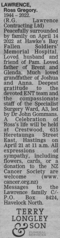 Lawrence, Ross Gregory Death Notice 2022 (Hawke's Bay Today)