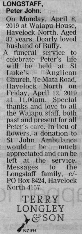 Longstaff, Peter John Death Notice 2019 (Hawke's Bay Today)