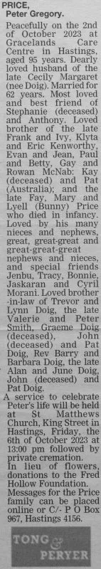 Price, Peter Gregory Death Notice 2023 (Hawke's Bay Today)