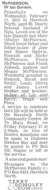 McPherson, Ian Gordon Death Notice 2015 (Hawke's Bay Today)