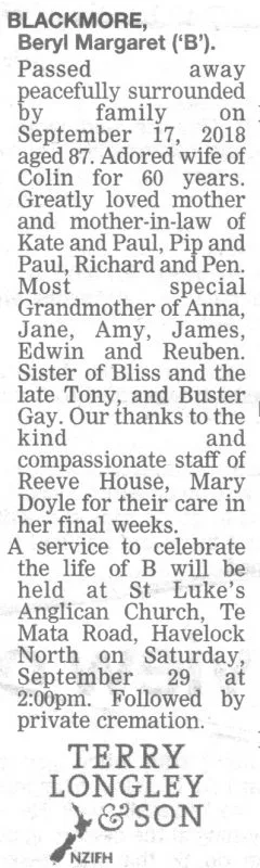 Blackmore, Beryl Margaret (‘B’) Death Notice 2018 (Hawke's Bay Today)