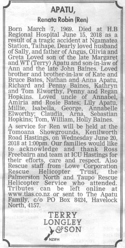 Apatu, Renata Robin (Ren) Death Notice 2018 (Hawke's Bay Today)