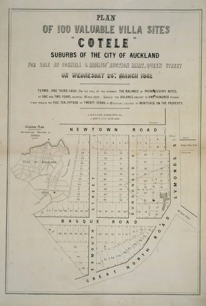 Plan of 100 valuable villa sites 'Cotele', suburbs of the City of Auckland for sale at Connell & Ridings auction mart, Queen Street, on Wednesday 26th March 1862.