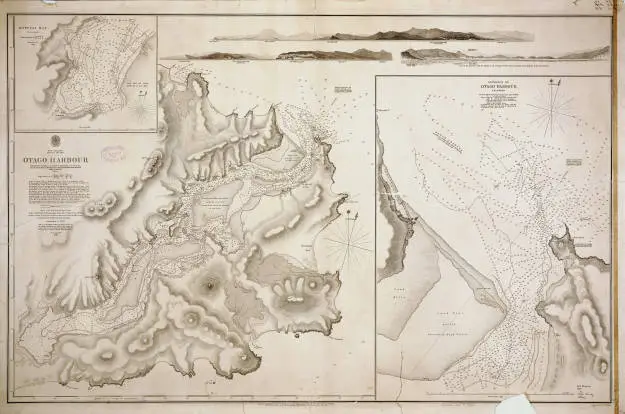 Otago Harbour surveyed by Captain J. L. Stokes, Commander G. H. Richards, Messrs. F. J. Evans Master, R. Bradshaw Mate J. W. Smith 2nd Mastr. & P.W. Oke Masts Asst. H.M.S. Acheron 1850