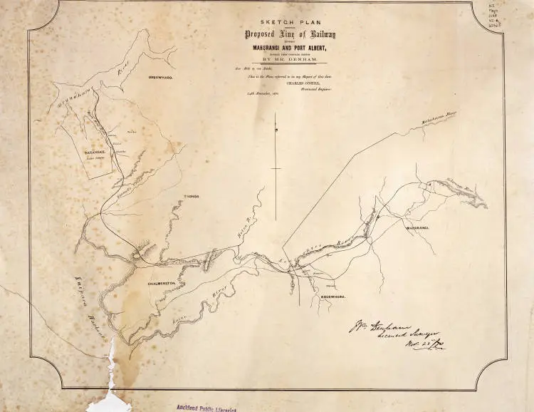 Sketch plan shewing proposed line of railway between Mahurangi and Port Albert, reduced from compiled sketch by Mr. Denham