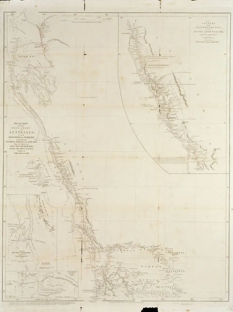 Map and chart of the west coast of Australia from Swan River to Shark Bay including Houtman's Abrolhos and Port Grey from the Surveys of Capts. Grey, Wickham, King and from other official documents