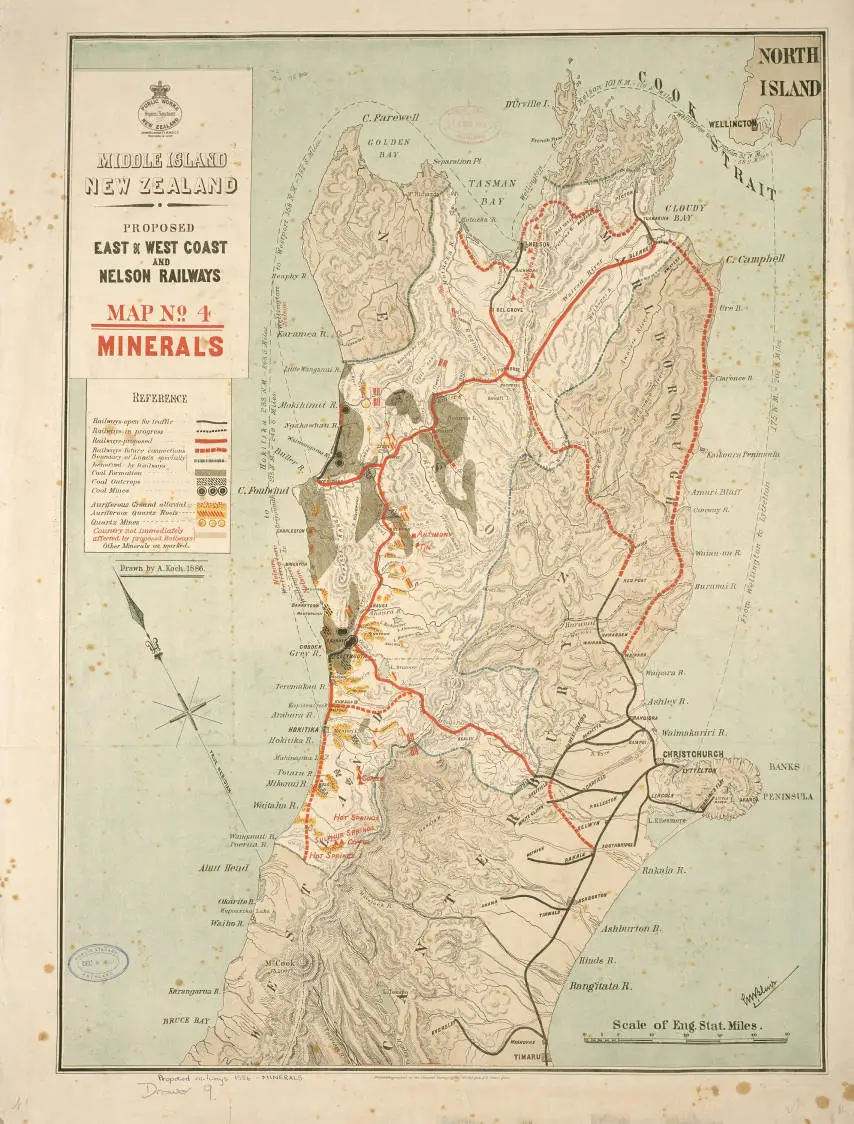 Middle Island New Zealand proposed east and west coast and Nelson railways, Map no. 4, Minerals
