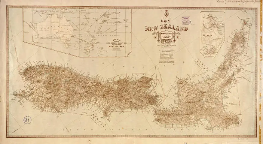 Map of New Zealand with mountain features in pictorial relief.