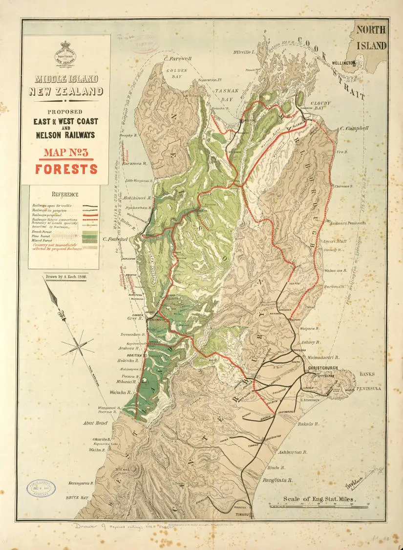 Middle Island New Zealand proposed east and west coast and Nelson railways, Map no. 3, Forests