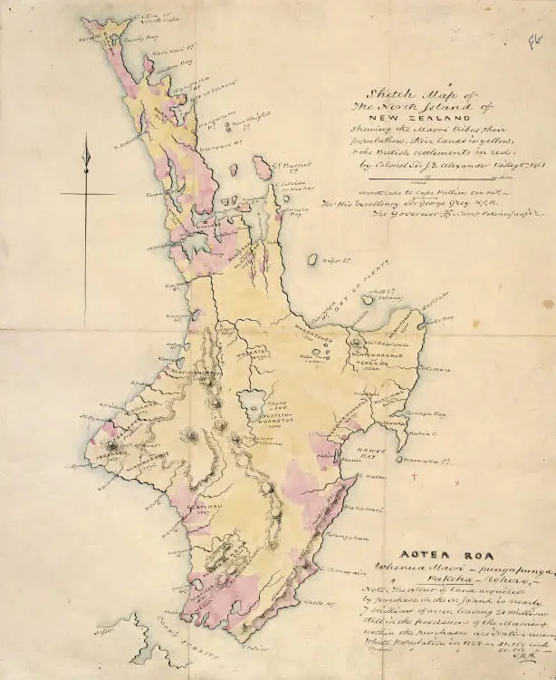 Sketch map of the North Island of New Zealand shewing the Maori tribes, their population, their lands in yellow & the British settlements in red