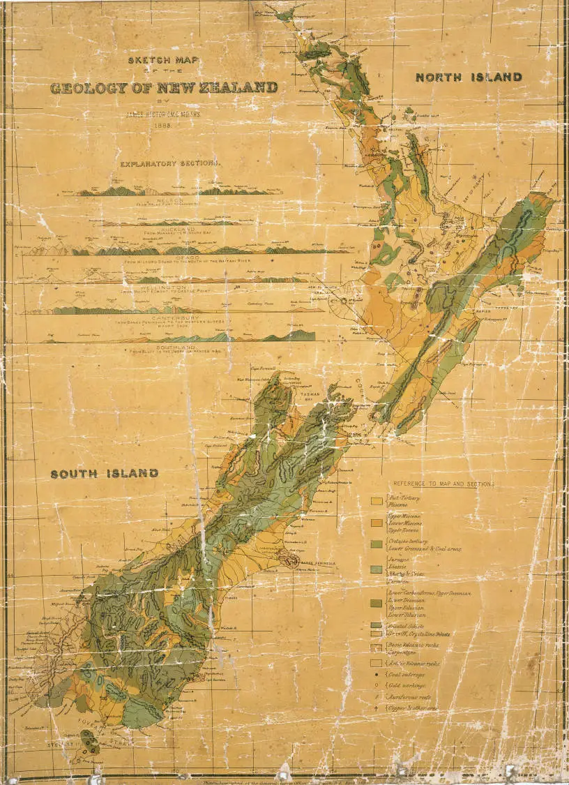 Sketch map of the geology of New Zealand.