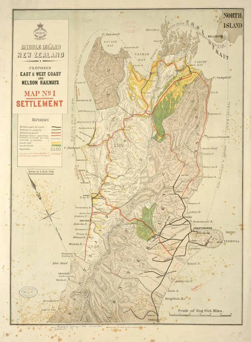 Middle Island New Zealand proposed east and west coast and Nelson railways, Map no. 1, Settlement