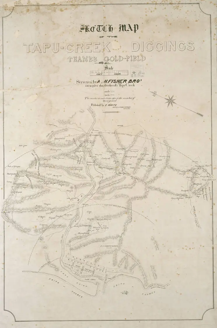 Sketch map of the Tapu-Creek diggings, Thames goldfield, 1867-1868. Surveyed by A. and H. Fisher Bros.