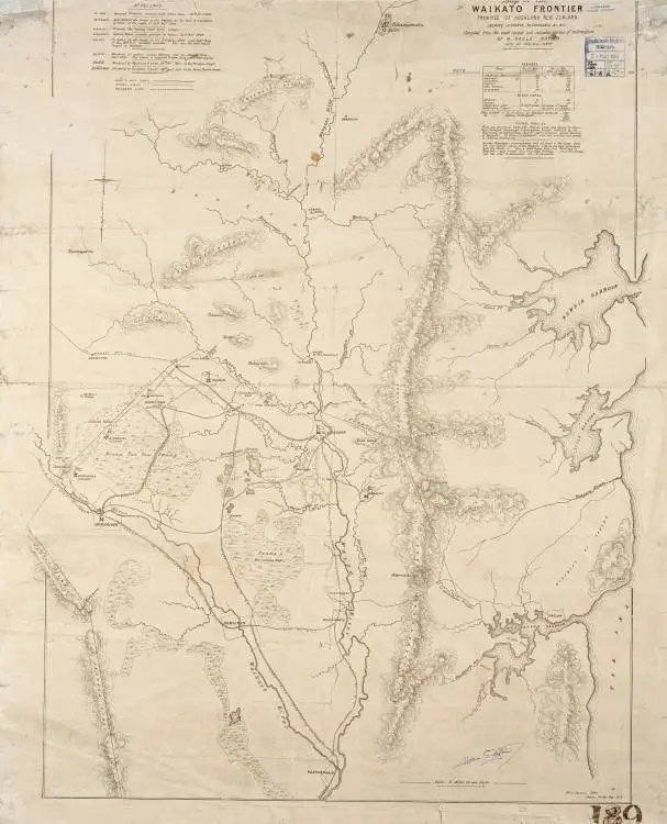 Map of the Waikato frontier, Province of Auckland, New Zealand, shewing redoubts, blockhouses, compiled from the most recent and reliable sources of information by W. Bogle, Napier, late of the A. C. force