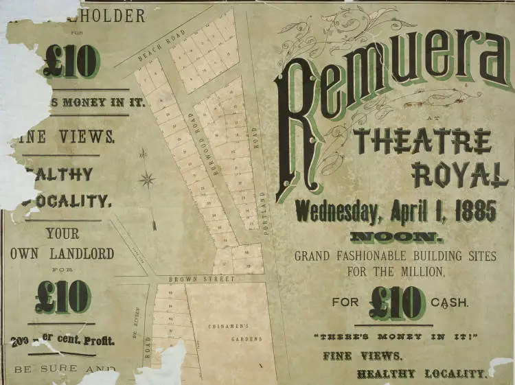 Remuera; at theatre Royal, Wednesday, April 1, 1885, noon.