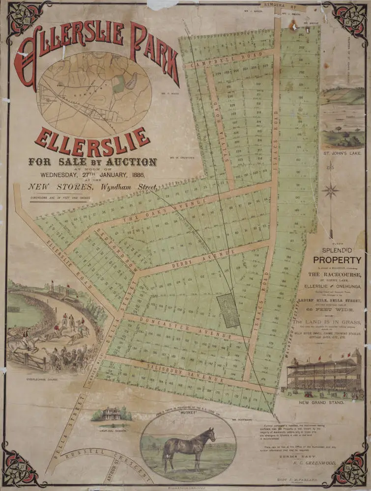 Ellerslie Park, Ellerslie for sale by auction at noon on Wednesday, 27th January, 1886, at the New Stores, Wyndham Street.