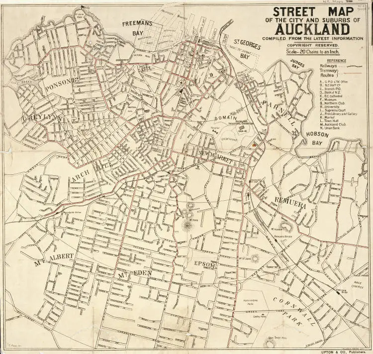 Street map of the city and suburbs of Auckland compiled from the latest information.