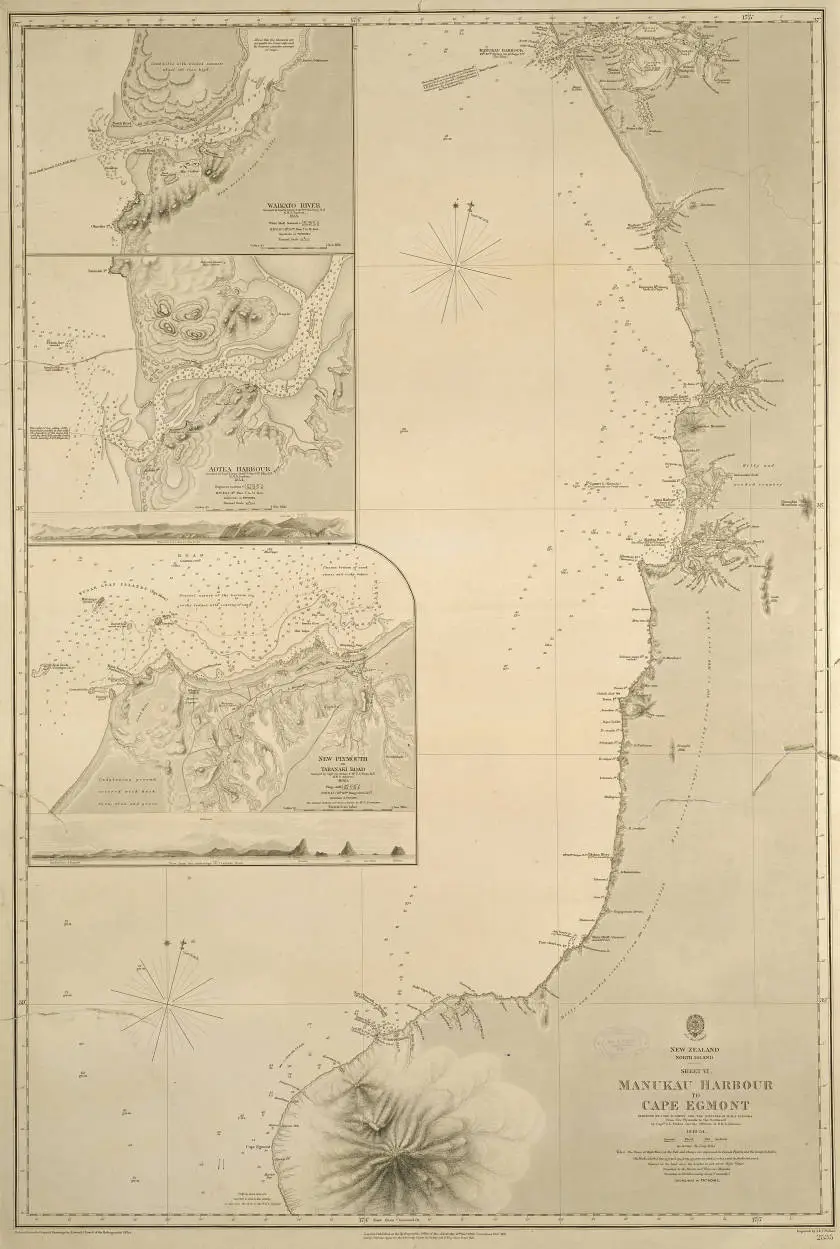 Manukau Harbour to Cape Egmont, surveyed by B. Drury and the officers of H.M.S. Pandora. From New Plymouth to the Southward by Captn J. L. Stokes and the officers of H.M.S. Acheron