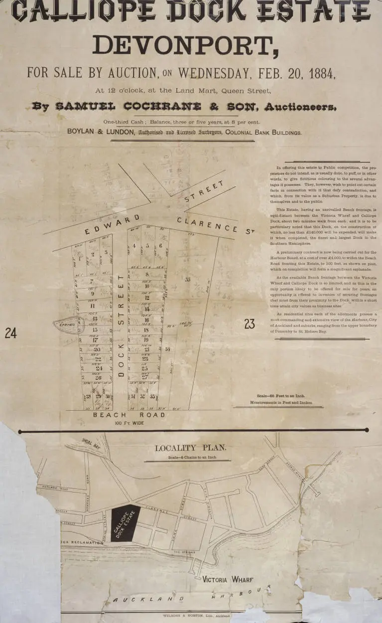 Calliope Dock estate Devonport, for sale by auction, on Wednesday, Feb. 20, 1884 at 12 o'clock at the Land Mart, Queen Street