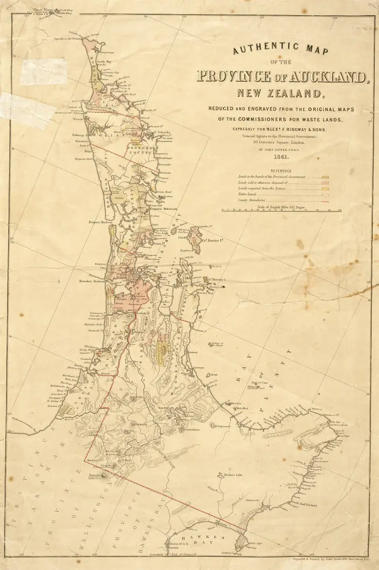 Authentic map of the province of Auckland, New Zealand, reduced and engraved from the original maps of the Commissioners for Waste Lands for Alexr. F. Ridgway, by John Dower