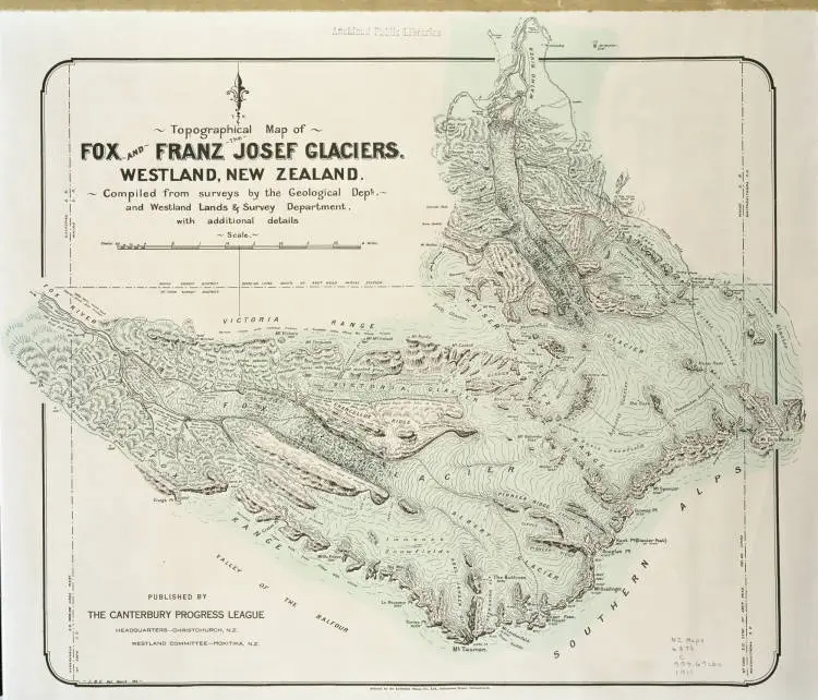 Topographical map of Fox and Franz Joseph Glaciers, Westland, New Zealand. Compiled from surveys by the Geological Dept. and Westland Lands and Survey Deptartment with additional details