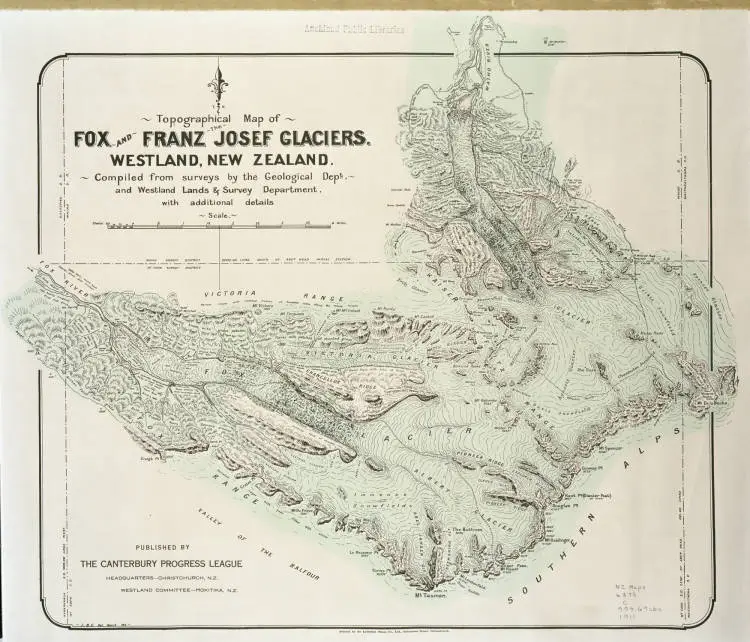 Topographical map of Fox and Franz Josef Glaciers, Westland, New Zealand. Compiled from surveys by the Geological Dept. and Westland Lands and Survey Department with additional details