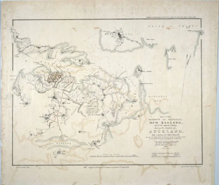 Map of the Harbour of Waitemata, New Zealand, and of the adjacent country shewing the situation of Auckland, the capital of the colony, and also the isthmus which separates the waters of the Frith of Thames on the eastern from those of Manukao on the western coast from actual measurement with the chain and from a trigonometrical survey, Felton Mathew, survr. genl., 1841