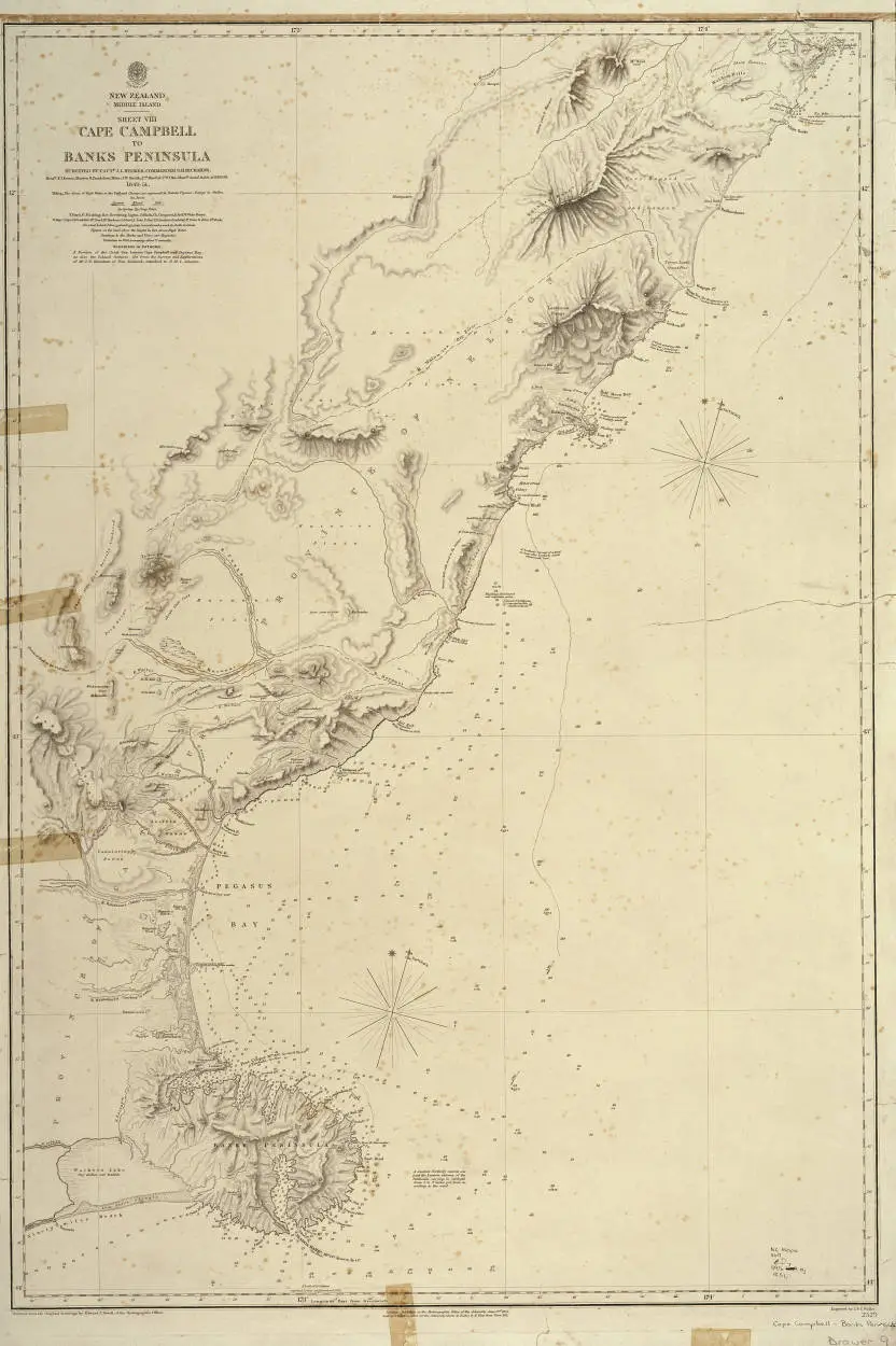 Cape Campbell to Banks Peninsula, surveyed by Captn. J. L. Stokes, Commander G. H. Richards, Messrs F. J. Evans, Master, R. Bradshaw, Mate, J. W. Smith, 2nd Mastr. & P. W. Oke Mastrs. Assist, H.M.S. Acheron, 1849 - 51