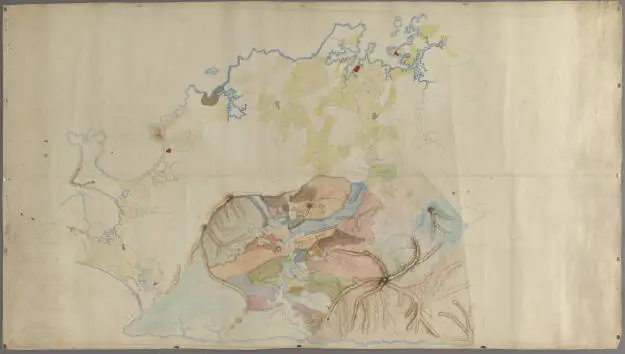 Sketch map showing Nga hapu of the Nga Puhi tribe, Western division, Mahuhu migration, compiled by John White. Drawn by James Orme Barnard & George Frederic Allen.