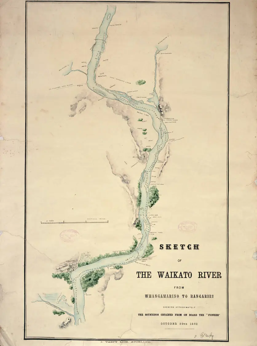 Sketch of the Waikato River from Whangamarino to Rangiriri showing approximately the soundings obtained from on board the Pioneer, October 30th, 1863