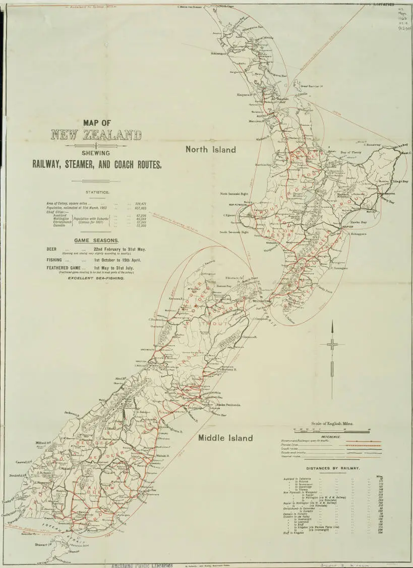 Map of New Zealand shewing railway, steamer and coach routes