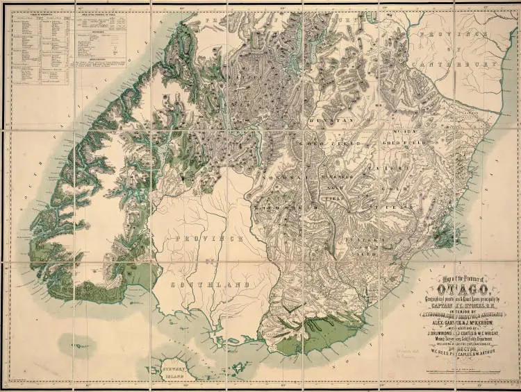 Map of the Province of Otago, geographical positions & coastlines principally by J. L. Stokes, interior by J. T. Thomson, Chief Surveyor and assistants Alex Garvie & J. McKerrow with additions by J. Drummond, J. J. Coates & W. C. Wright, mining surveyors, gold fields department, including also the explorations of Dr Hector, W. C. Rees, P. Q. Caples & W. Arthur