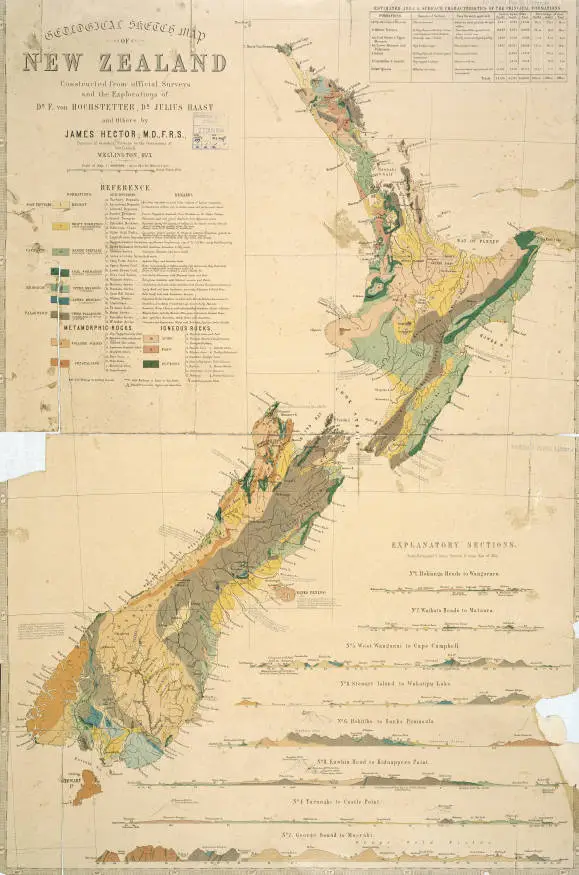 Geological sketch map of New Zealand; constructed from official surveys and the explorations of Dr. F. von Hochstetter, Dr. Julius Haast and others