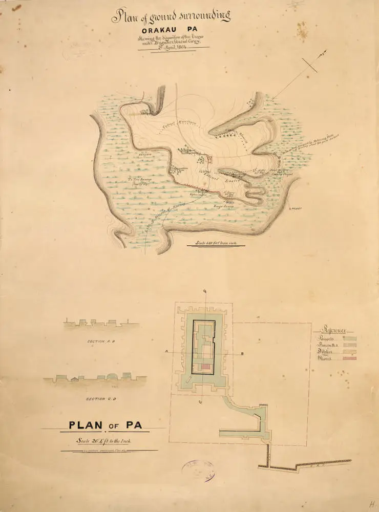 Plan of ground surrounding Orakau Pa, shewing the disposition of the troops under Brigadier General Carey, 2nd April 1864 [and] Plan of Pa [by] Robert S. Anderson 8th July 1864