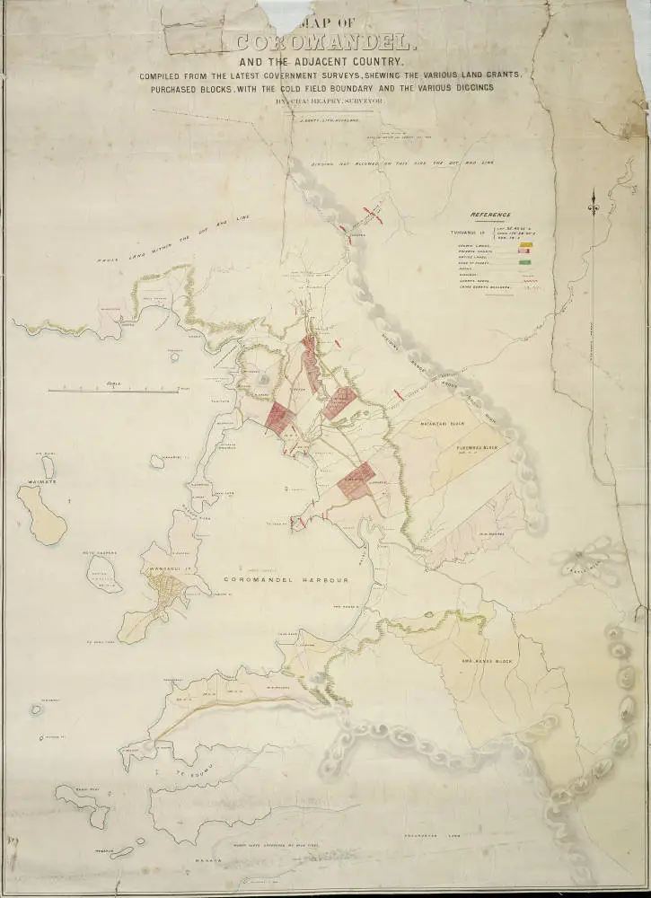 Map of Coromandel and the adjacent country, compiled from the latest government surveys, shewing the various land grants, purchased blocks, with the gold field boundary and the various diggings, by Charles Heaphy