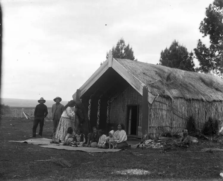 People outside a whare Ohaaki, Reporoa, 1910