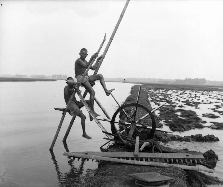 Two men on a water wheel near Alappuzha, Kerala, 1927