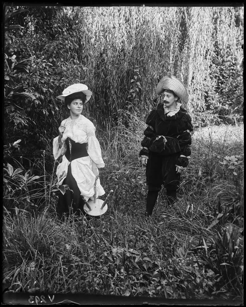 Women in fancy dress at The Avenue, Karangahape Road, 1904