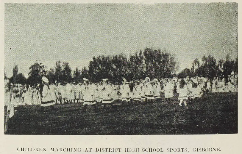 Children marching at District High School sports, Gisborne