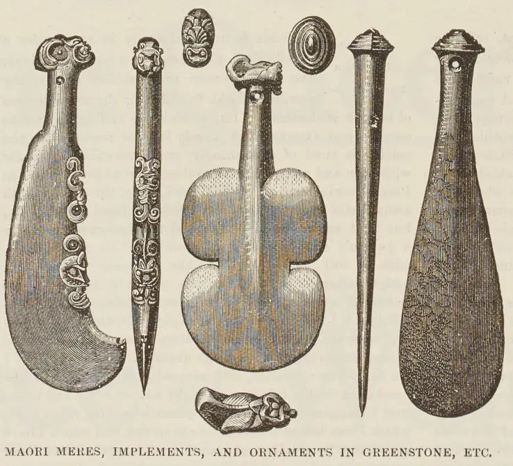 Māori meres, implements, and ornaments in greenstone, etc.