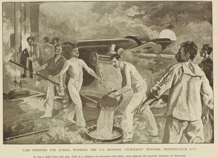 Tars stripped for action, working the US Monitor Puritan's monster thirteen-inch gun