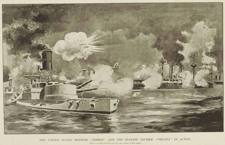 The United States monitor 'Terror' and the Spanish cruiser 'Vizcaya' in action