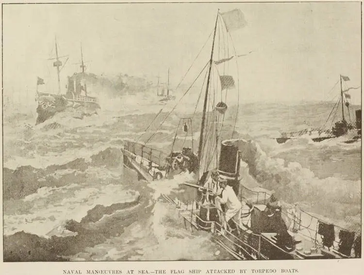 Naval manœuvres at sea - the flag ship attacked by torpedo boats