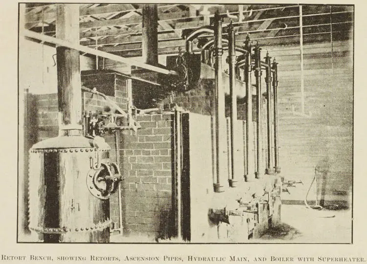 Retort bench, showing retorts, ascension pipes, hydraulic main, and boiler with superheater