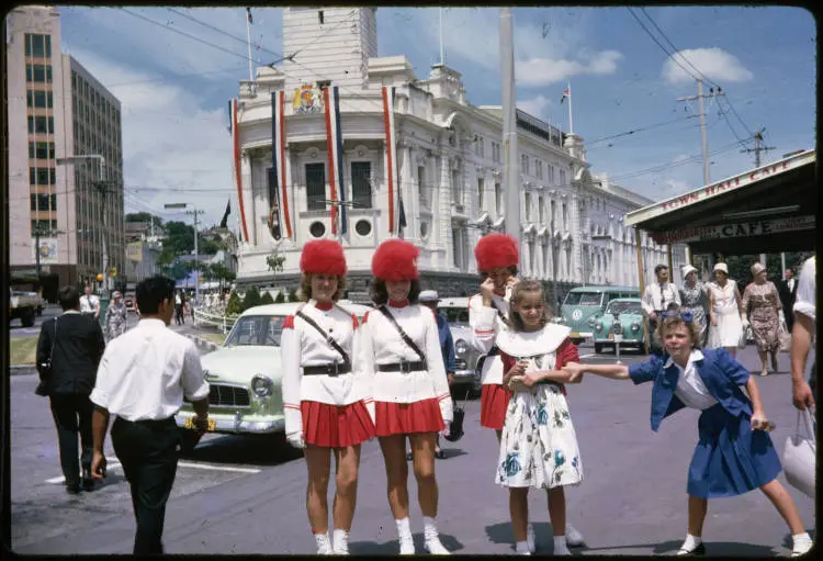 Marching girls outside the Auckland Town Hall, 1963