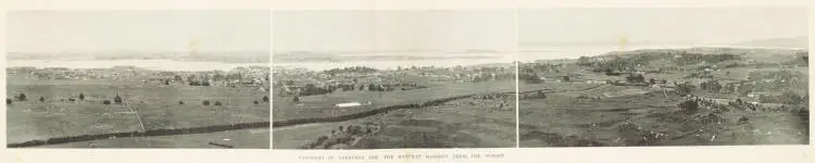 Panorama of Onehunga and the Manukau harbour from the summit
